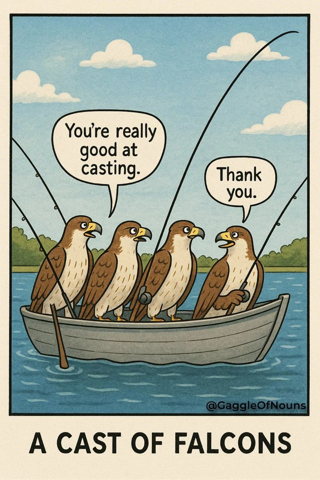 Cartoon illustration of a cast of falcons fishing together, illustrating the collective noun for falcons.