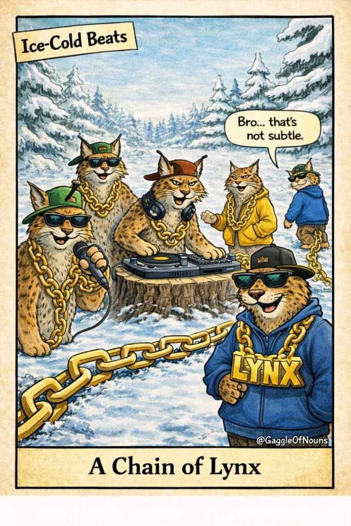 Cartoon illustration of rapper lynx wearing oversized gold chains, representing the collective noun “a chain of lynx.”