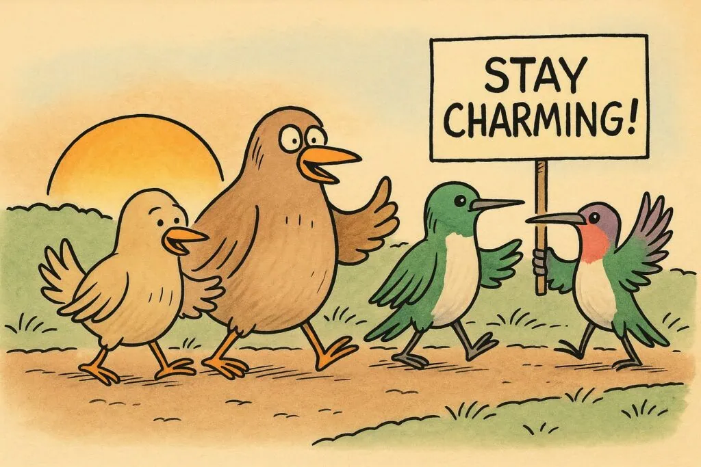 A group of cartoon birds walking into the sunset, with one holding a sign that says “Stay Charming!”, drawn as a fun illustration.
