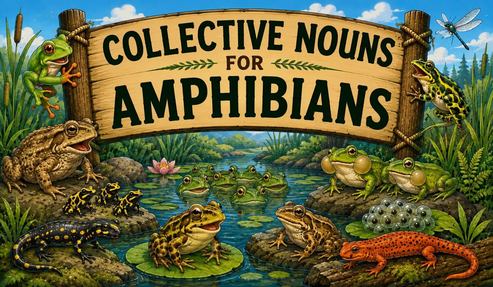 Cartoon illustration of frogs, toads, salamanders and other amphibians beneath a Collective Nouns for Amphibians sign