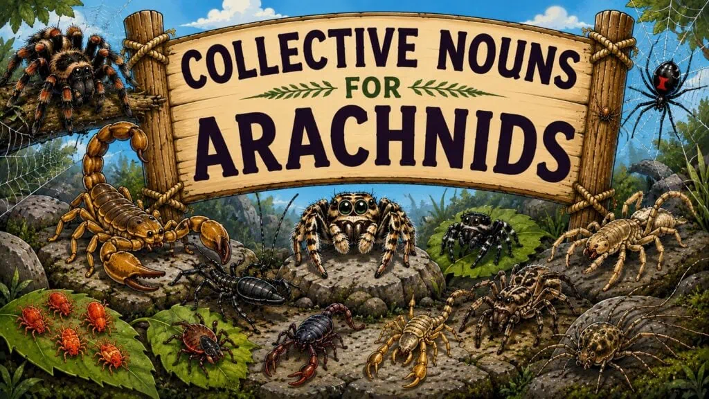 Cartoon illustration of spiders, scorpions, ticks and other arachnids beneath a Collective Nouns for Arachnids sign