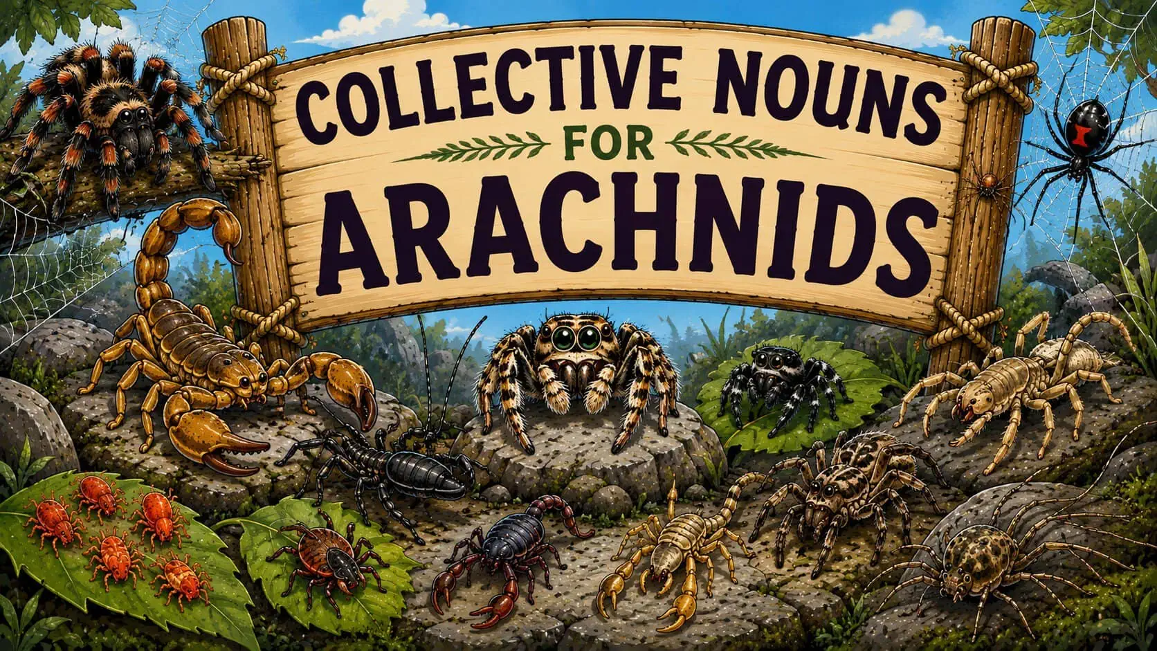 Cartoon illustration of spiders, scorpions, ticks and other arachnids beneath a Collective Nouns for Arachnids sign