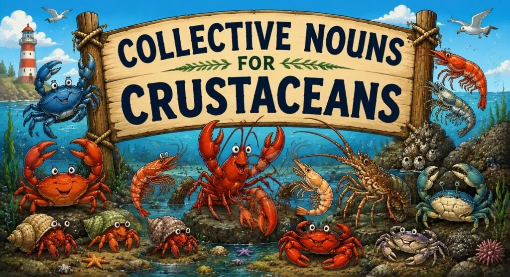 Cartoon illustration of crabs, lobsters, shrimp and other crustaceans beneath a Collective Nouns for Crustaceans sign