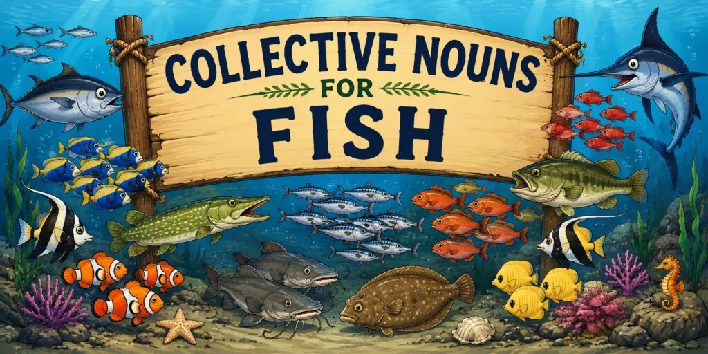 Cartoon underwater illustration of different fish gathered beneath a Collective Nouns for Fish sign