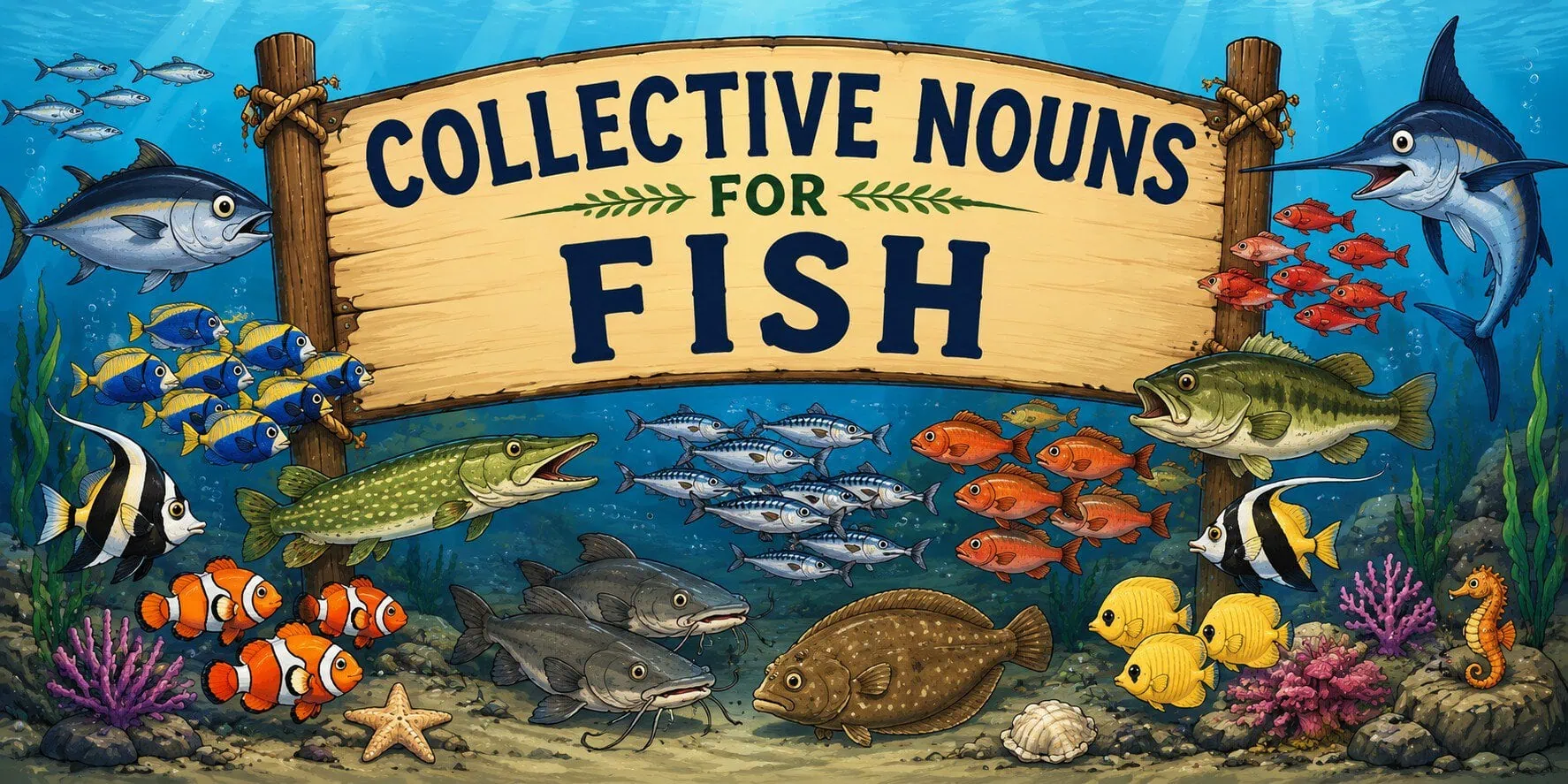 Cartoon underwater illustration of different fish gathered beneath a Collective Nouns for Fish sign