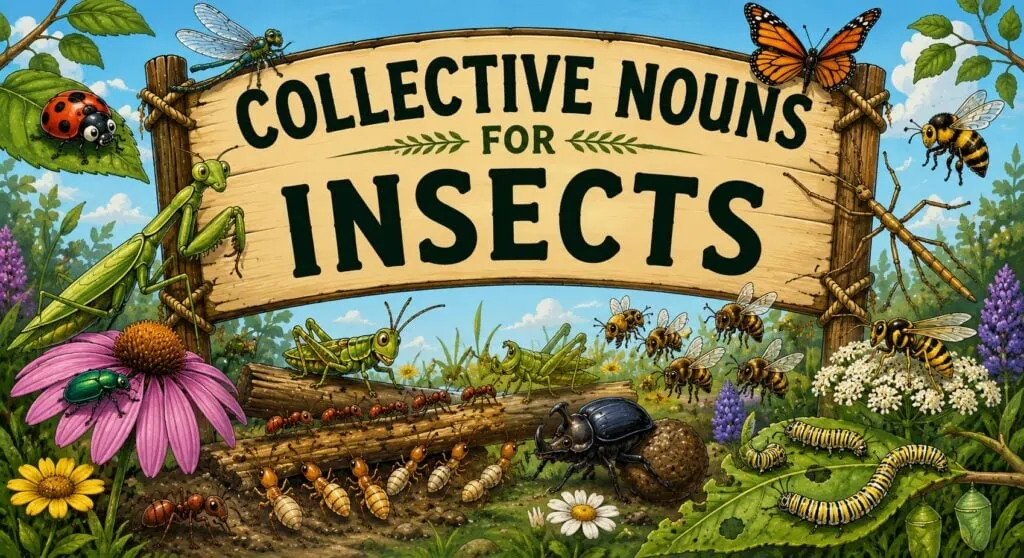 Cartoon illustration of bees, ants, butterflies, beetles and other insects beneath a Collective Nouns for Insects sign