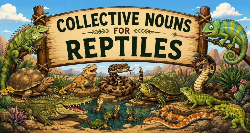 Cartoon illustration of different reptiles gathered beneath a Collective Nouns for Reptiles sign