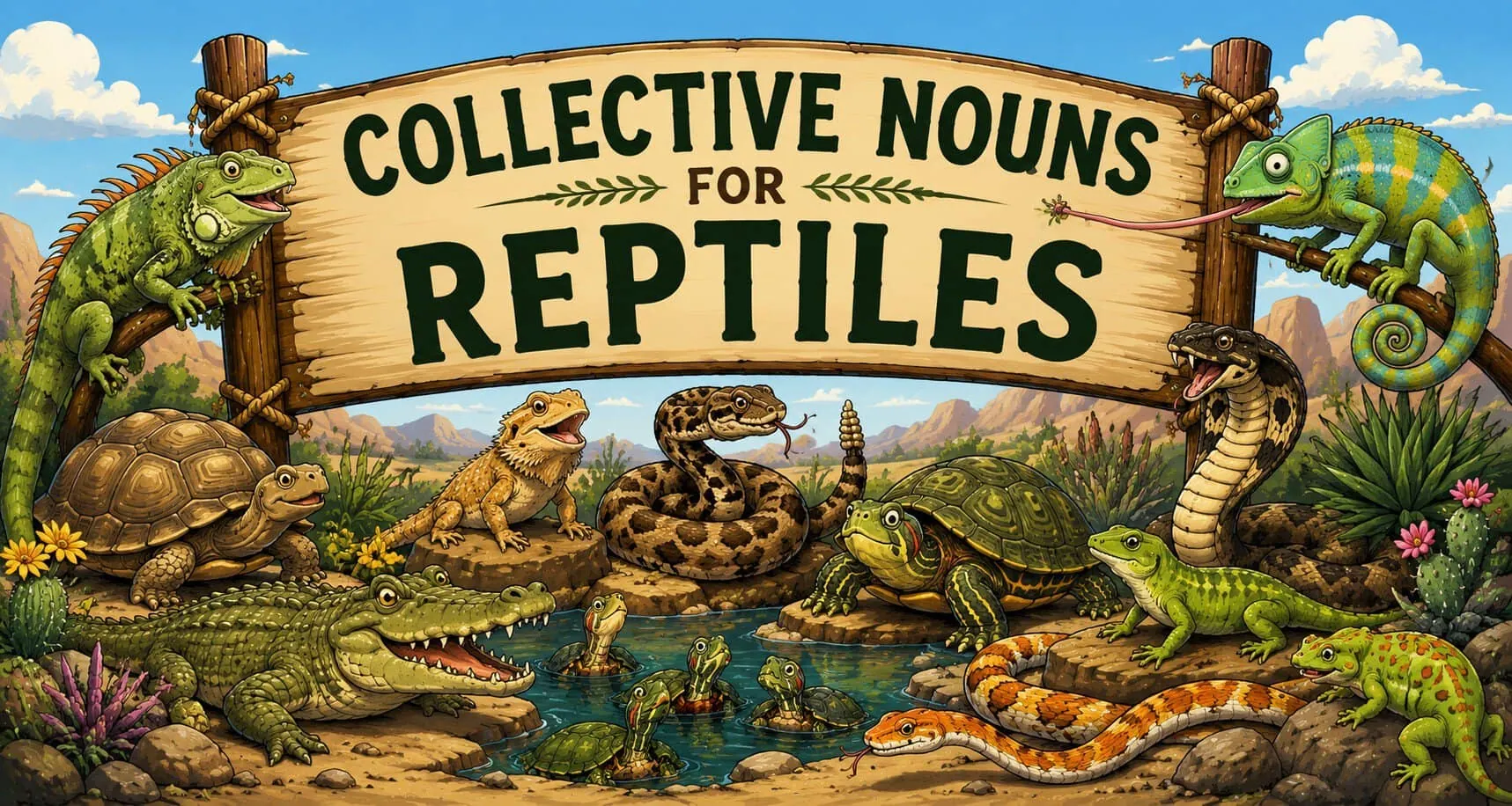 Cartoon illustration of different reptiles gathered beneath a Collective Nouns for Reptiles sign
