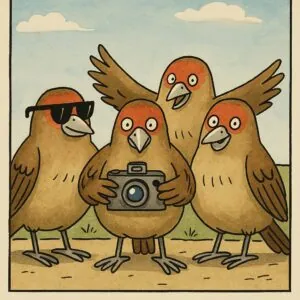 A group of cartoon finches posing like tourists, with one wearing sunglasses and another holding a camera, drawn in a fun illustration style.
