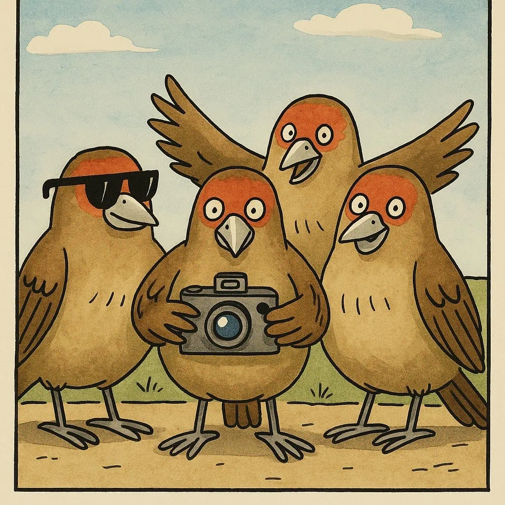 A group of cartoon finches posing like tourists, with one wearing sunglasses and another holding a camera, drawn in a fun illustration style.