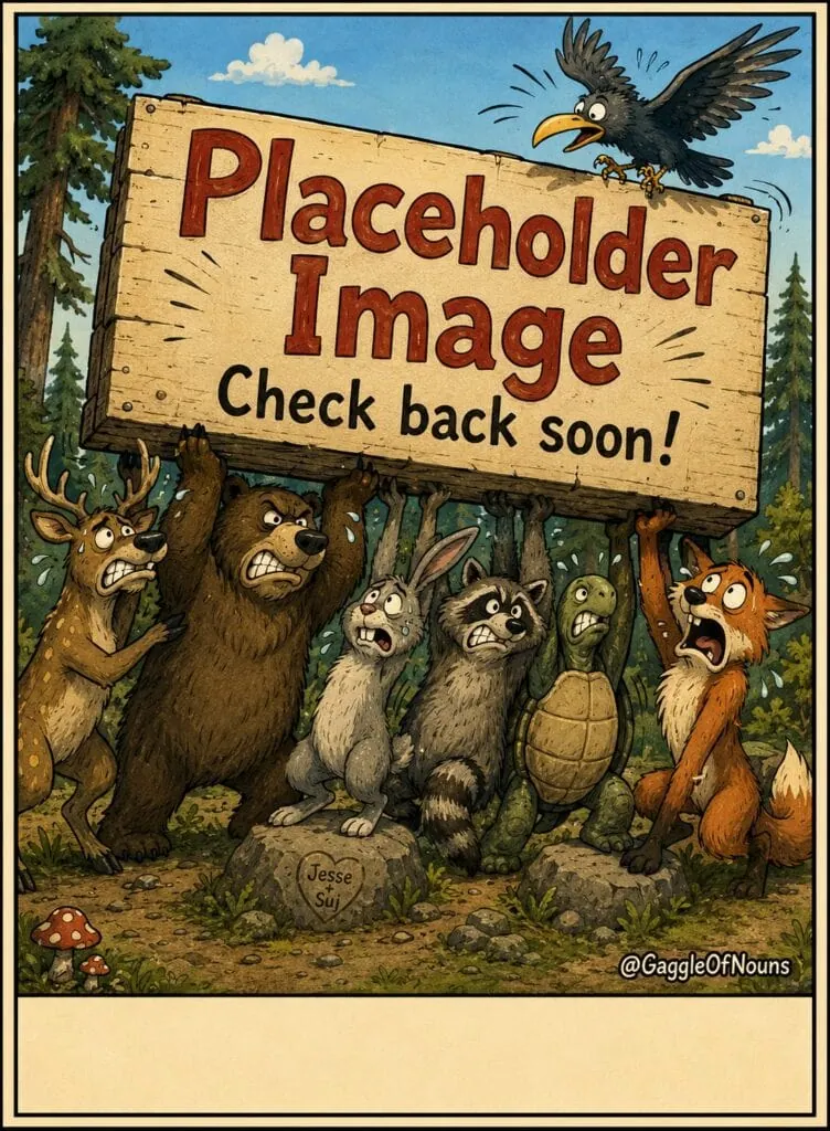 Cartoon animals struggling to hold a heavy Placeholder Image sign while a bird prepares to land on top.