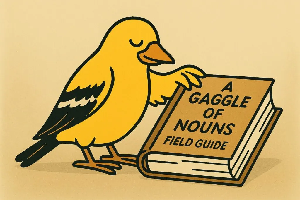 Cartoon goldfinch gently closing a book titled “A Gaggle of Nouns Field Guide” in a fun–style illustration.