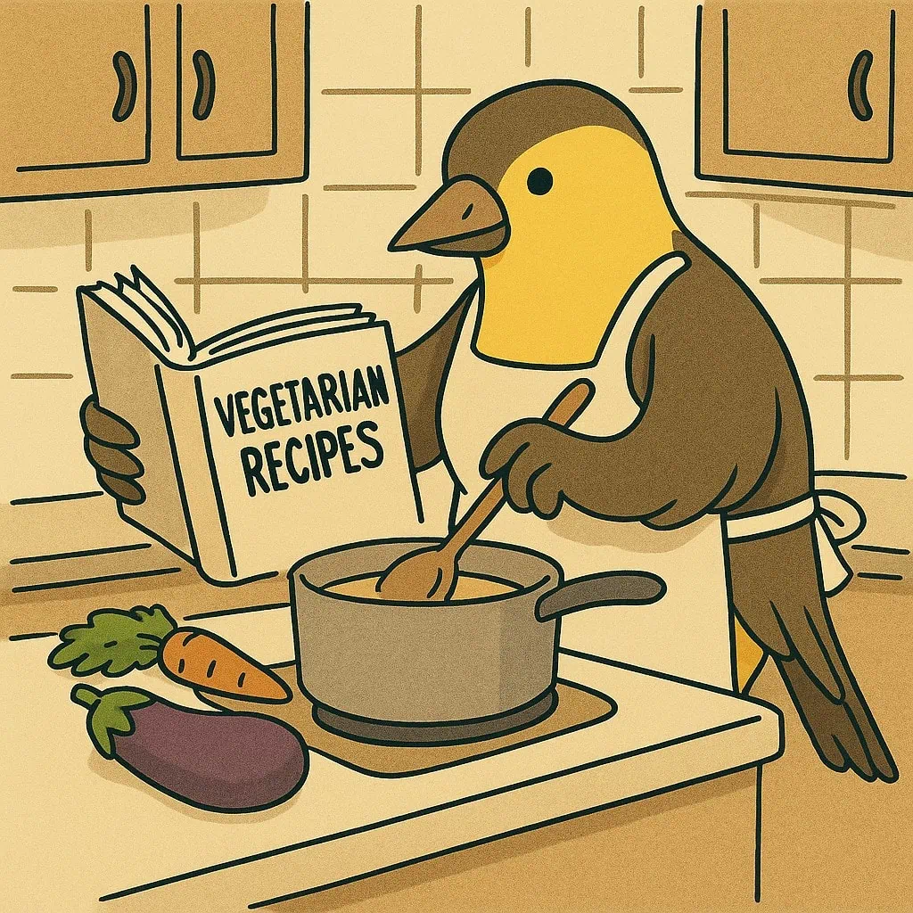 Cartoon goldfinch in a kitchen stirring a pot while reading a cookbook titled “Vegetarian Recipes.”