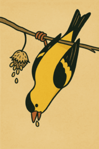 Cartoon goldfinch hanging upside down from a branch while eating seeds from a dried flower head.
