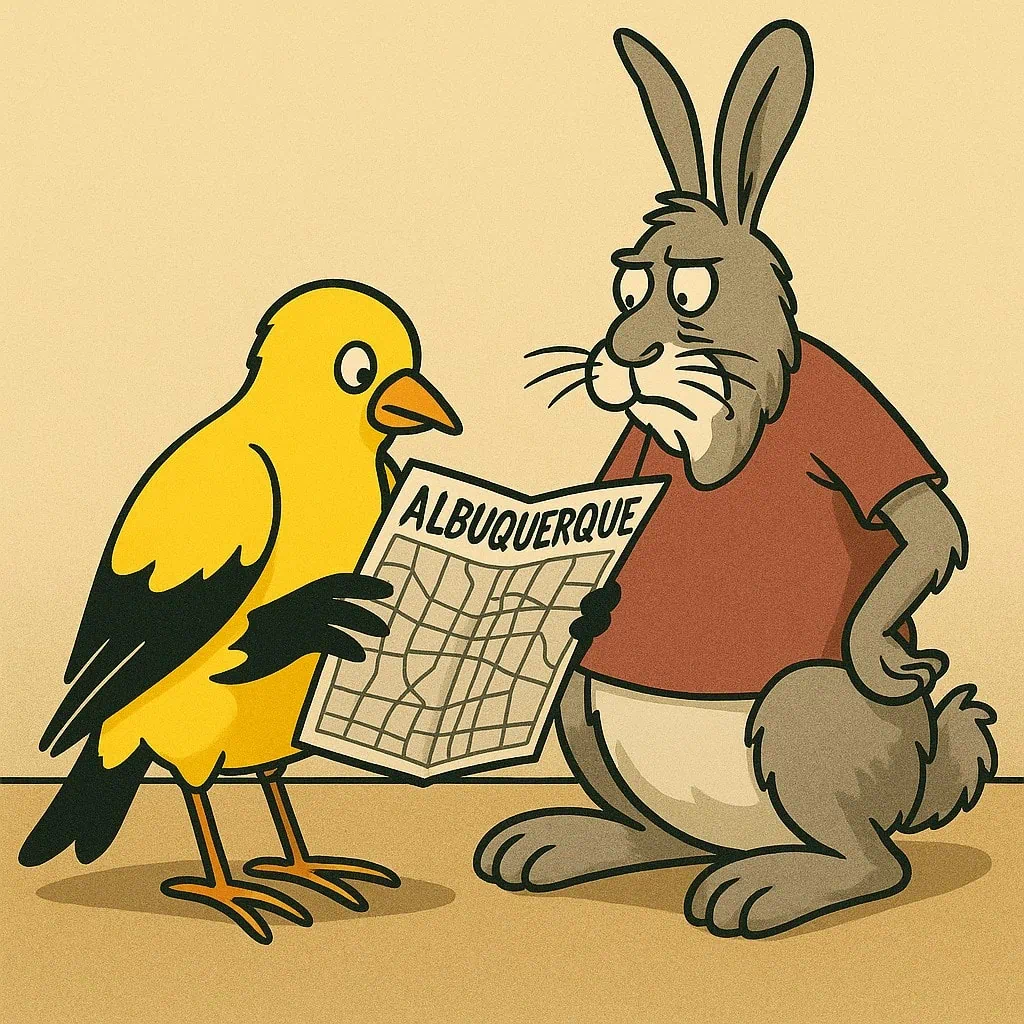 Cartoon goldfinch reading a map of Albuquerque beside an older, tired-looking rabbit, drawn in a fun-style illustration.