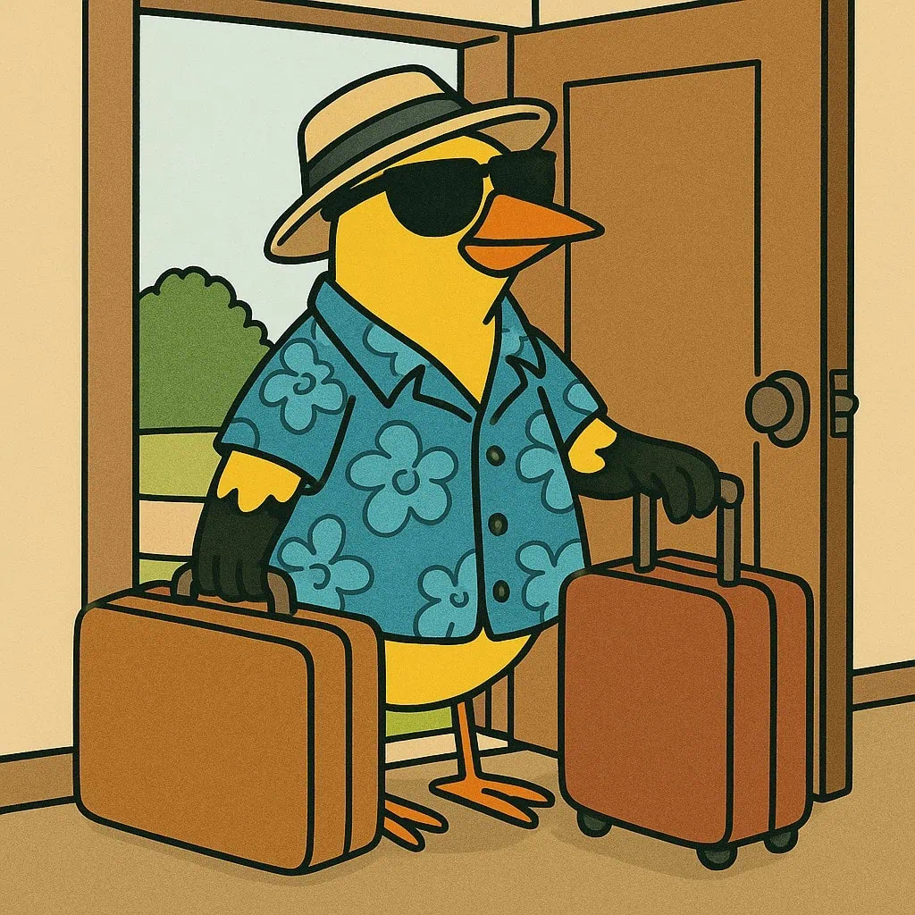 Cartoon goldfinch wearing a Hawaiian shirt, sunglasses, and a sunhat, standing at the front door with packed suitcases.