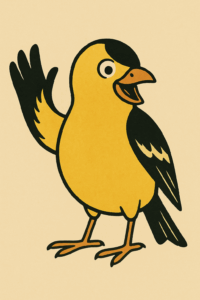 Cartoon goldfinch waving hello with a cheerful expression, drawn in a fun–style illustration.