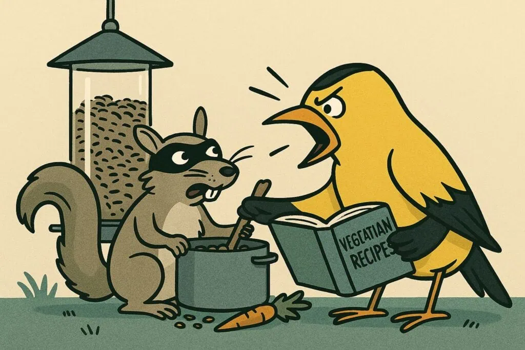 Cartoon goldfinch angrily yelling at a squirrel wearing a robber-style mask while the squirrel steals seeds from a bird feeder.