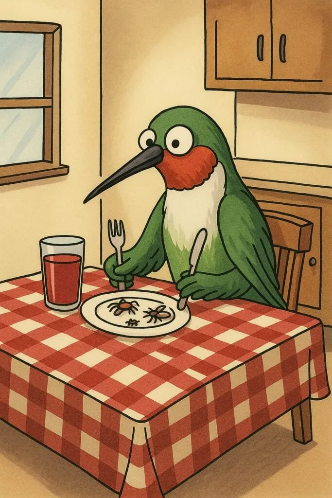 Cartoon hummingbird sitting at a dinner table with a plate of insects and a glass of nectar in a cozy kitchen setting.