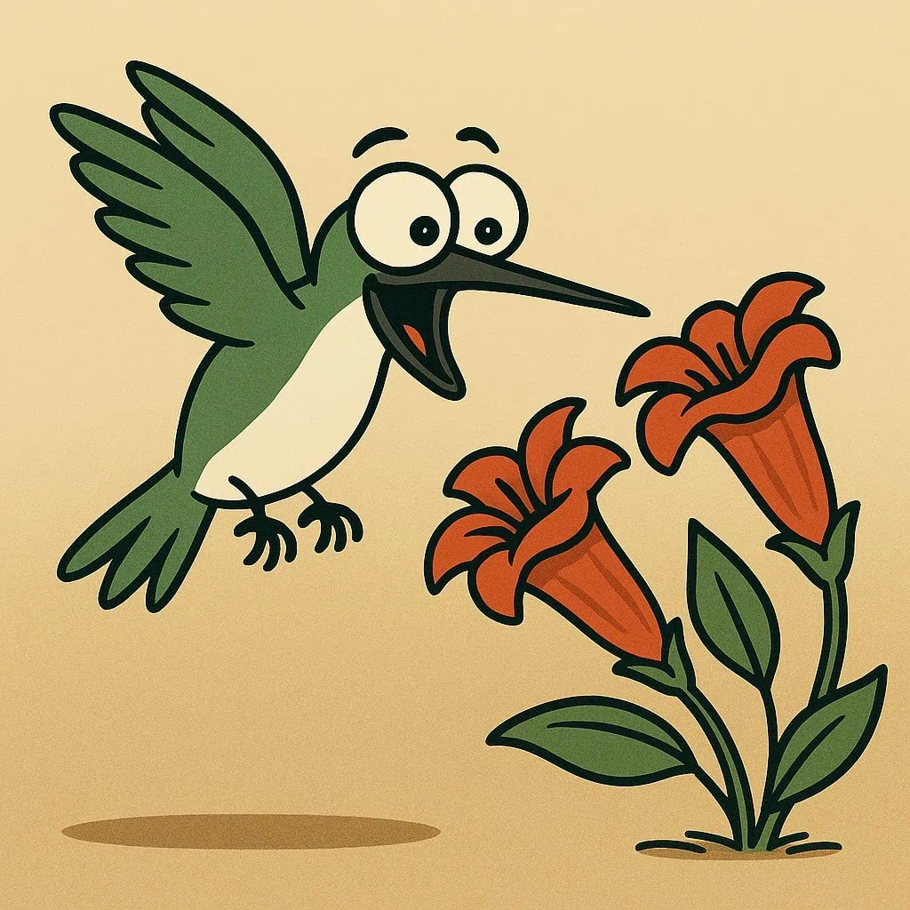 Cartoon hummingbird hovering over red nectar-rich flowers with bulging excited eyes in a fun–style illustration.