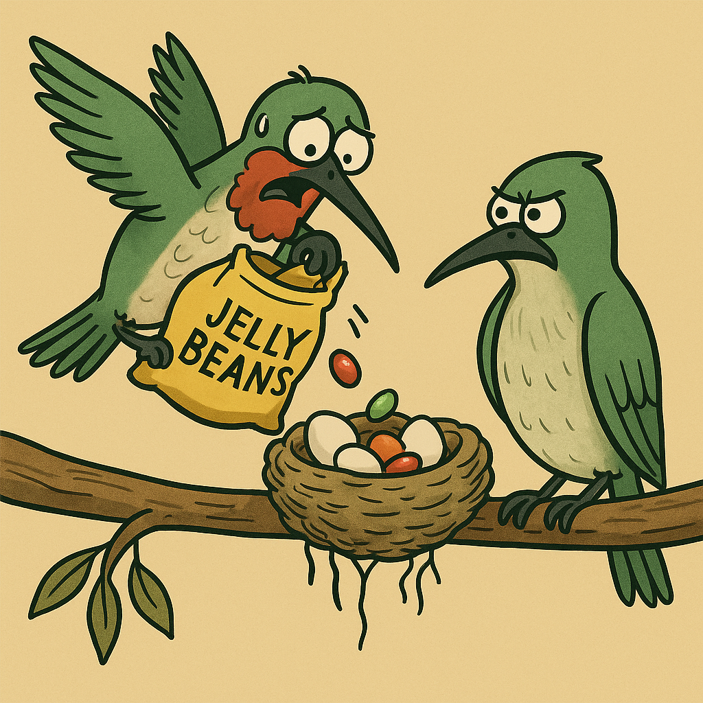 Cartoon male hummingbird accidentally dropping jelly beans into a nest with two real eggs while the female hummingbird looks upset.