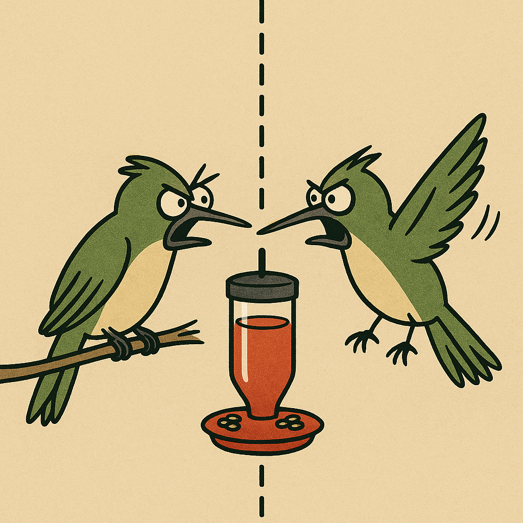 Cartoon hummingbirds angrily facing each other on opposite sides of a dotted dividing line, arguing over a nectar feeder in the middle.