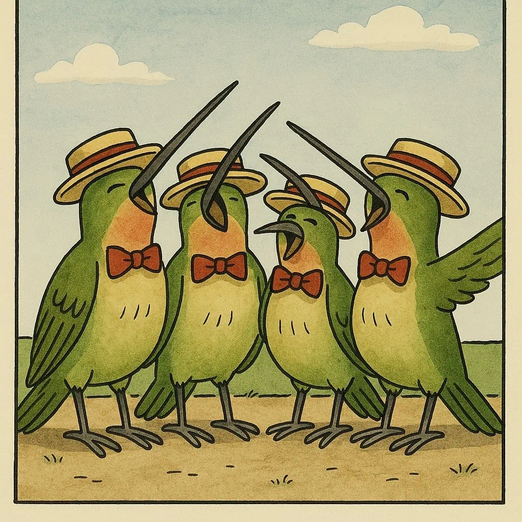 Four cartoon hummingbirds dressed like a barbershop quartet, wearing hats and bow ties and singing together in a fun illustration.