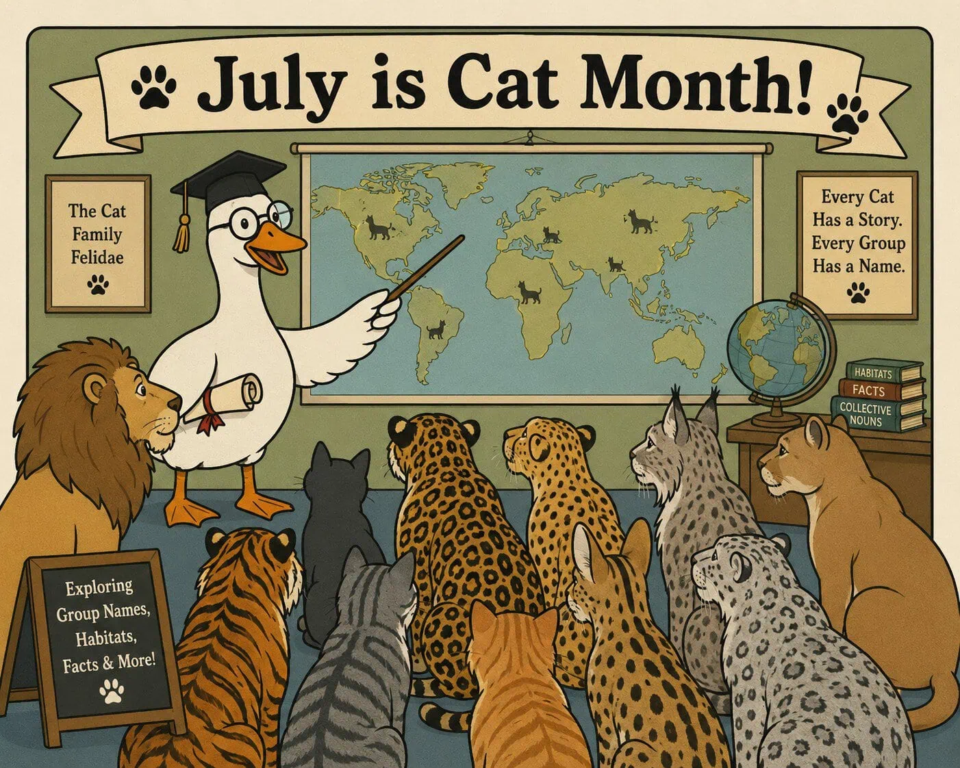 Professor Gaggle teaches a classroom of lions, tigers, leopards, lynx, house cats, and other felines during July is Cat Month at Gaggle of Nouns.