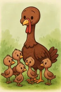 Cartoon illustration of a mother turkey standing with her five poults gathered around her in a grassy field.