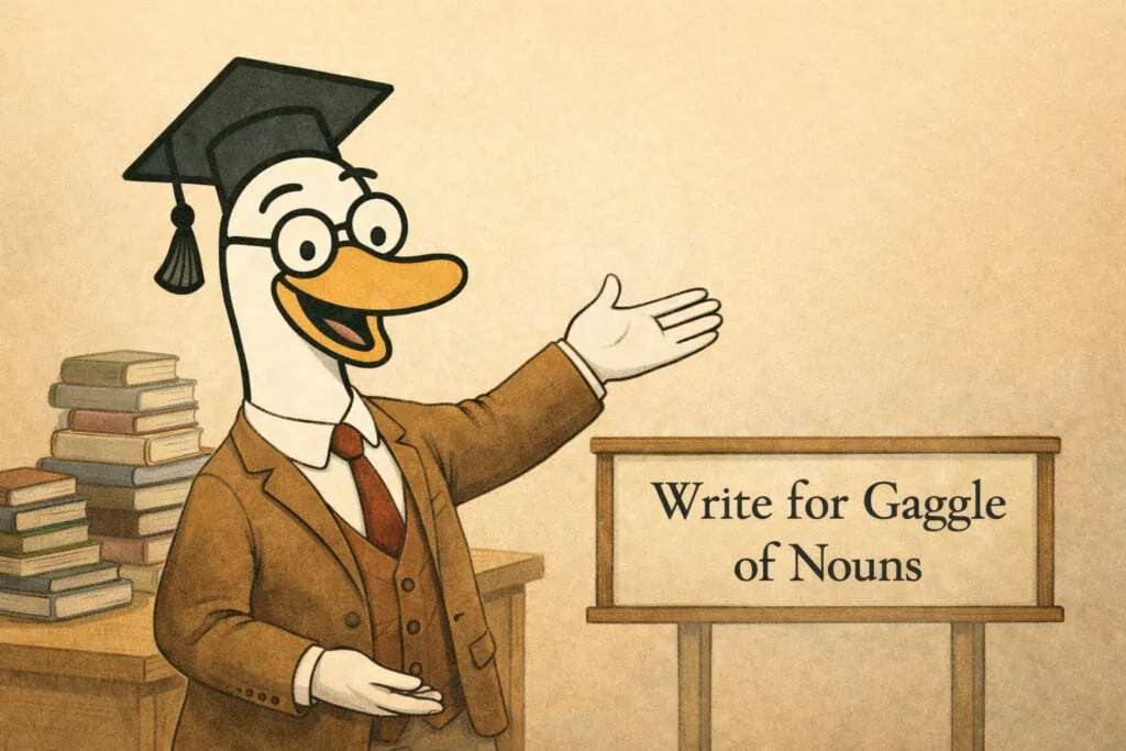 Illustration of Professor Gaggle welcoming writers to contribute to Gaggle of Nouns
