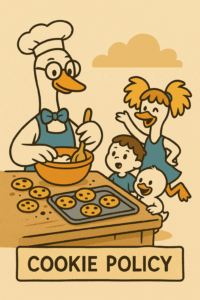 Cartoon of Professor Gaggle baking cookies in a cozy kitchen while the gaggle kids wait with excitement.