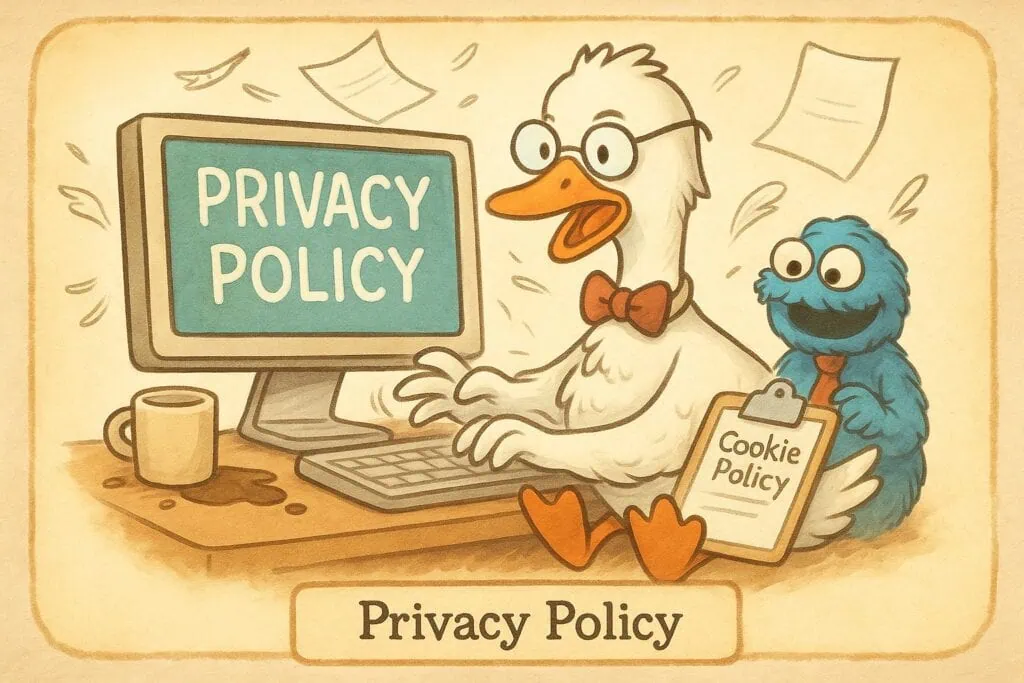 Professor Gaggle typing the Privacy Policy on a computer – fun hand-drawn illustration