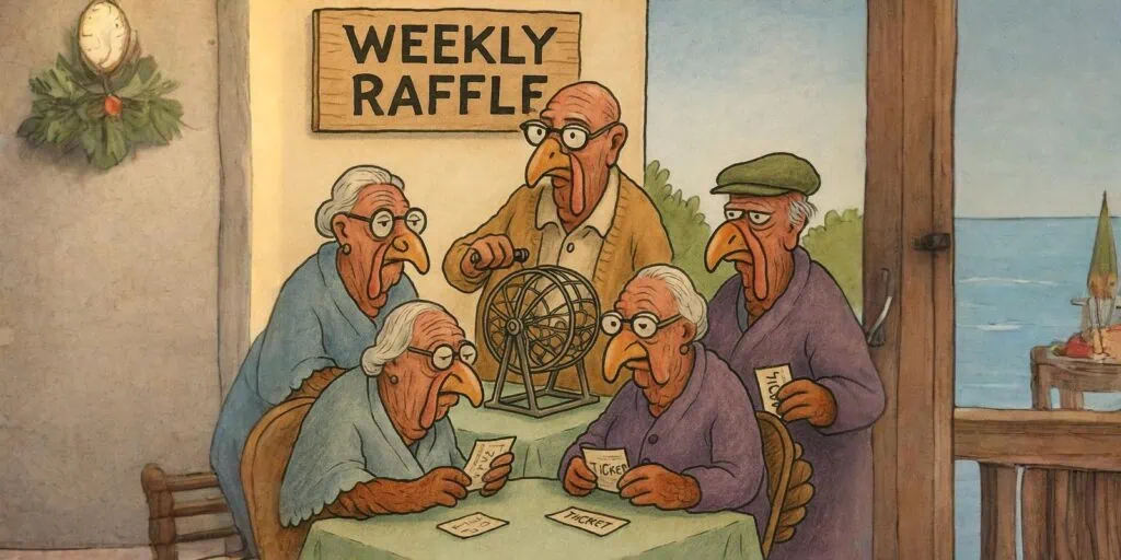 Elderly turkeys wearing glasses and sweaters gather around a table for a weekly raffle.