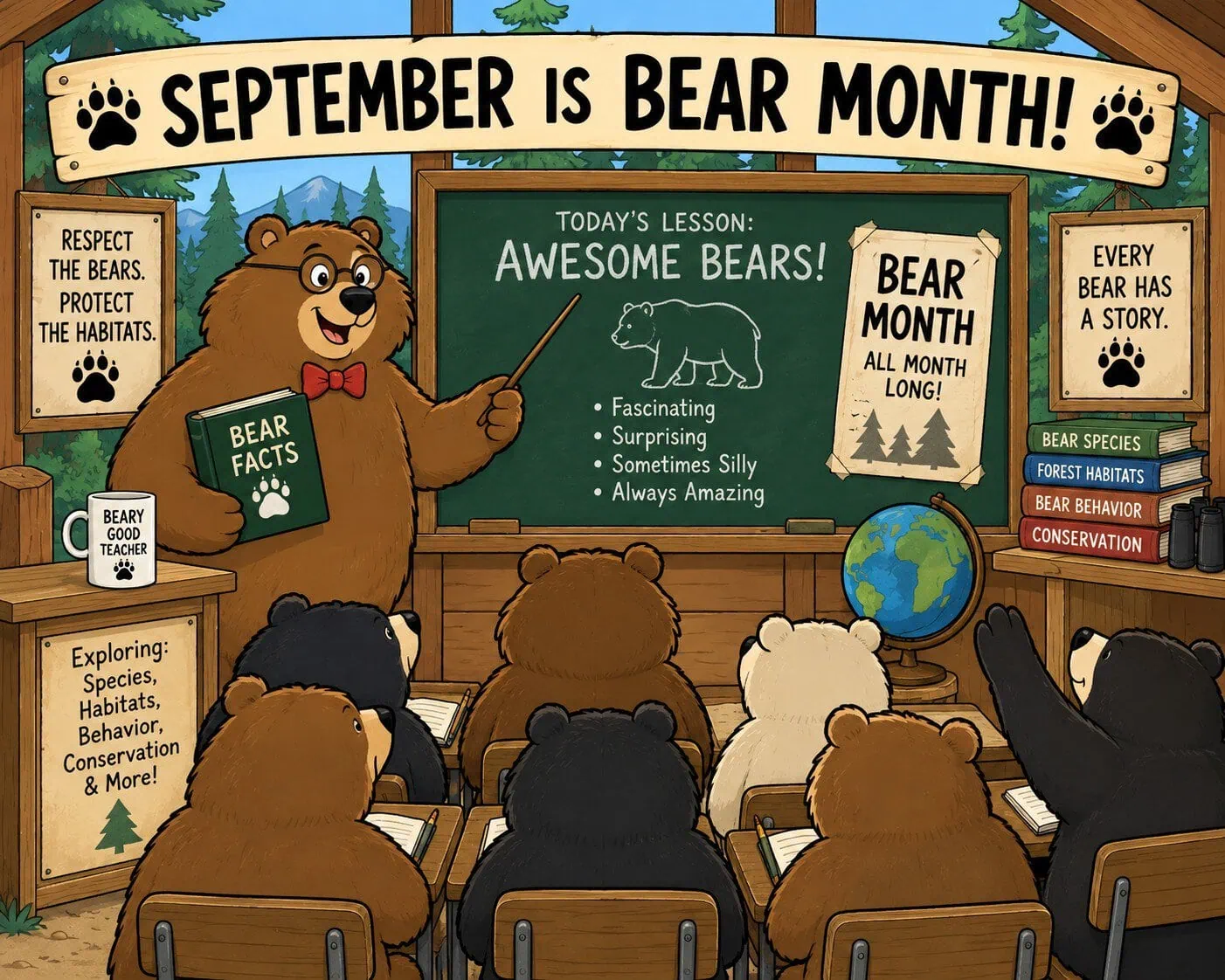 A cartoon bear teacher leads a classroom of bear students beneath a banner announcing September is Bear Month.