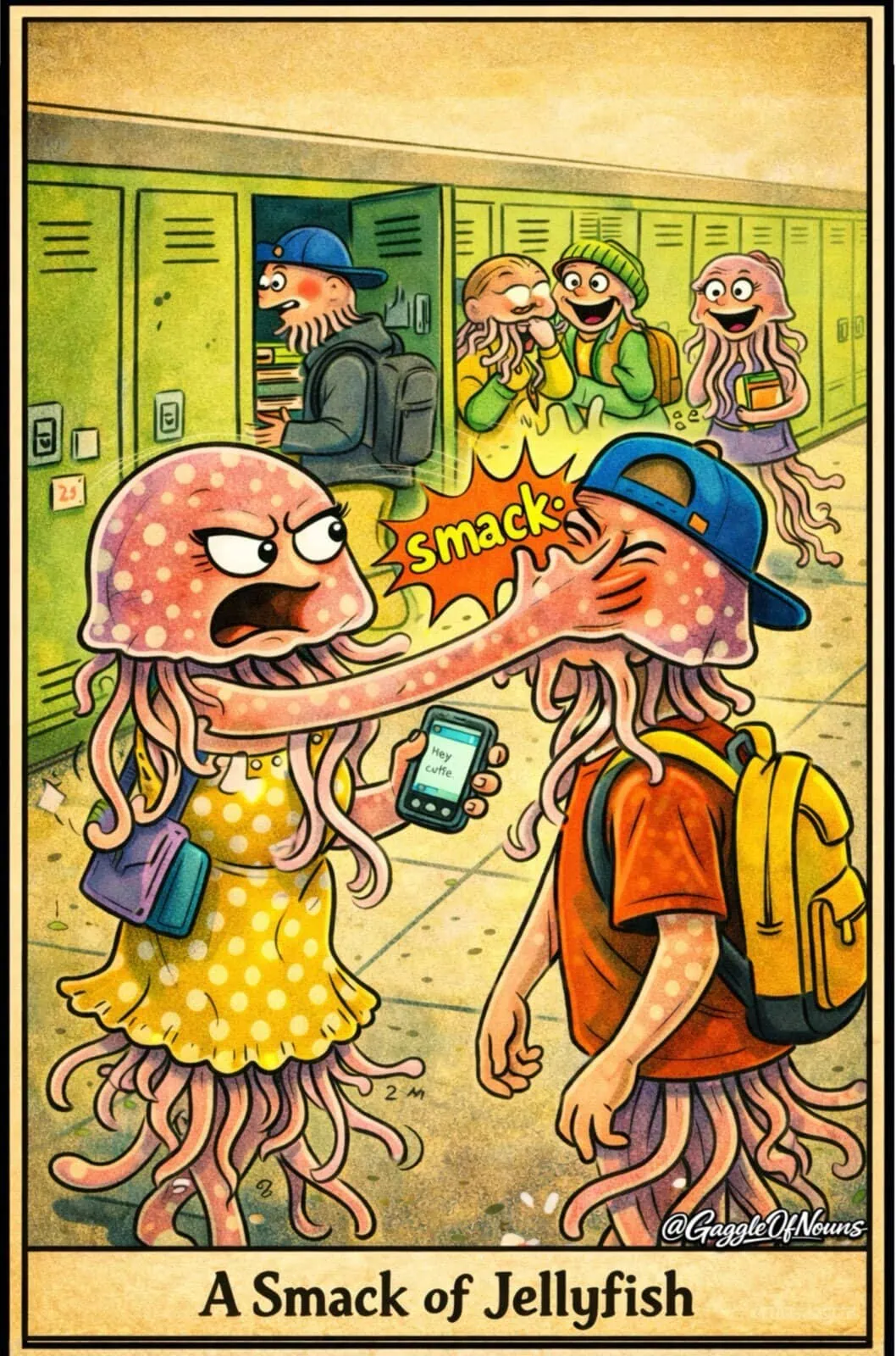 Cartoon jellyfish slapping another jellyfish in a school hallway illustrating the collective noun “a smack of jellyfish”