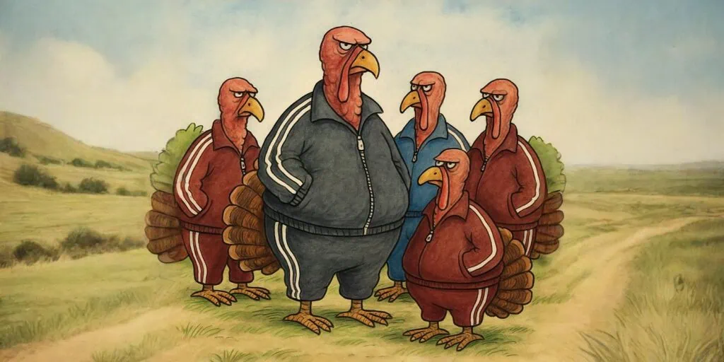 Several tough-looking turkeys wearing tracksuits in a parody of a Sopranos-style mob scene.