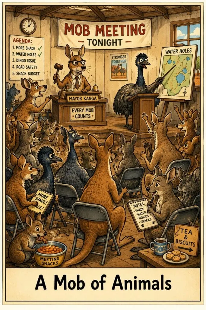 Cartoon kangaroos, wallabies, and emus gathered at an Australian town meeting to represent a mob of animals.