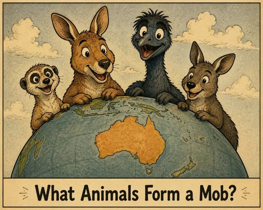 Cartoon illustration of a kangaroo, wallaby, emu, and meerkat peeking over a globe centered on Australia, representing the animals commonly called a mob.
