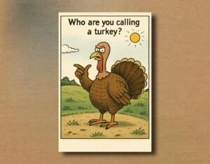 A cartoon turkey in an open field pointing angrily at itself under the caption “Who are you calling a turkey?”